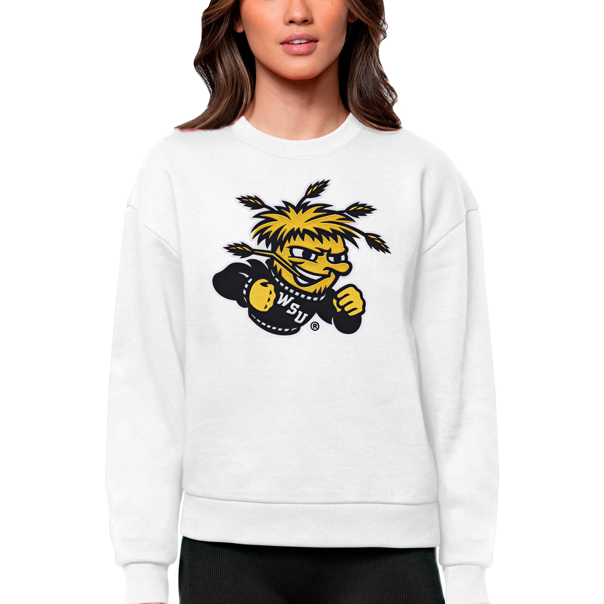 Women's Antigua White Wichita State Shockers Victory Crewneck Pullover Sweatshirt